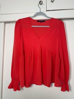 French Connection Red V-Neck Peplum Long-Sleeve Blouse